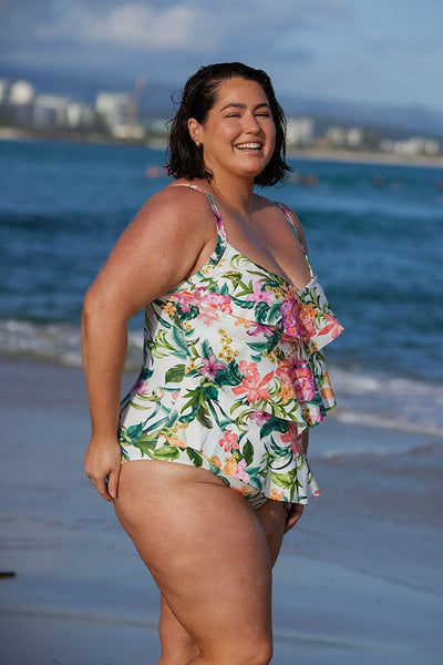 Plus size australia model wearing bora bora tropical 3 tier swimsuit