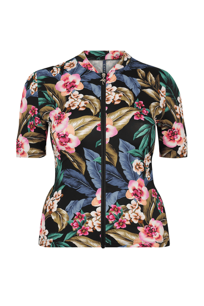 Black floral women's short sleeve rash vest in plus size