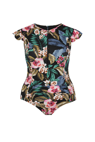 Black floral zip front frill sleeve one piece for curvy women