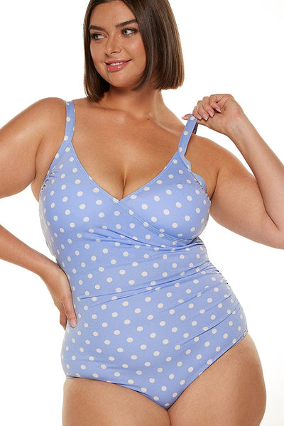 chlorine resistant blue polkadot v neck crossover one piece swimsuit