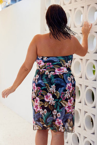 Curve brunette model wearing black floral long mesh skirt beach sarong