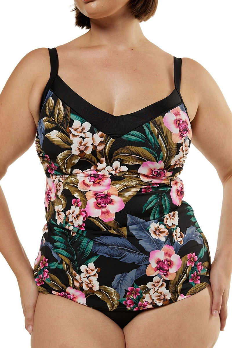 Close up detail of floral tropical printed tankini top with underwire