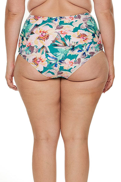 model wears flattering green floral high waisted bikini bottom