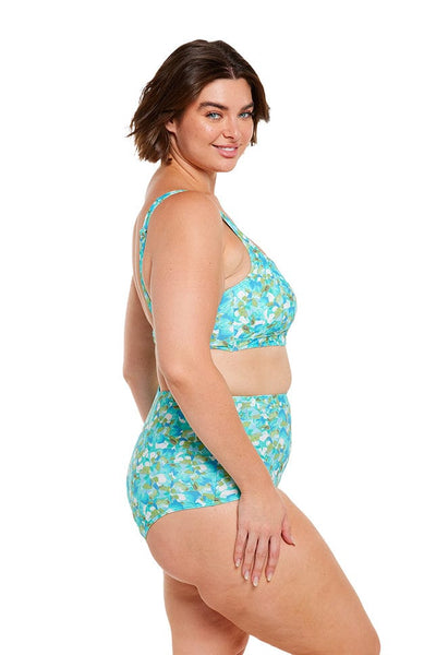 brunette plus size women wears aqua blue high waisted bikini pant with tummy control