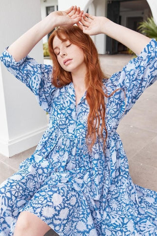 Smock Bell Sleeve Maxi Dress in Blue