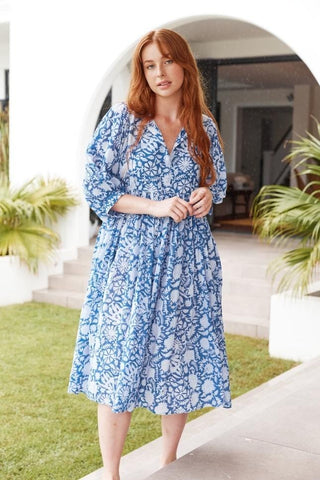 Smock Bell Sleeve Maxi Dress in Blue
