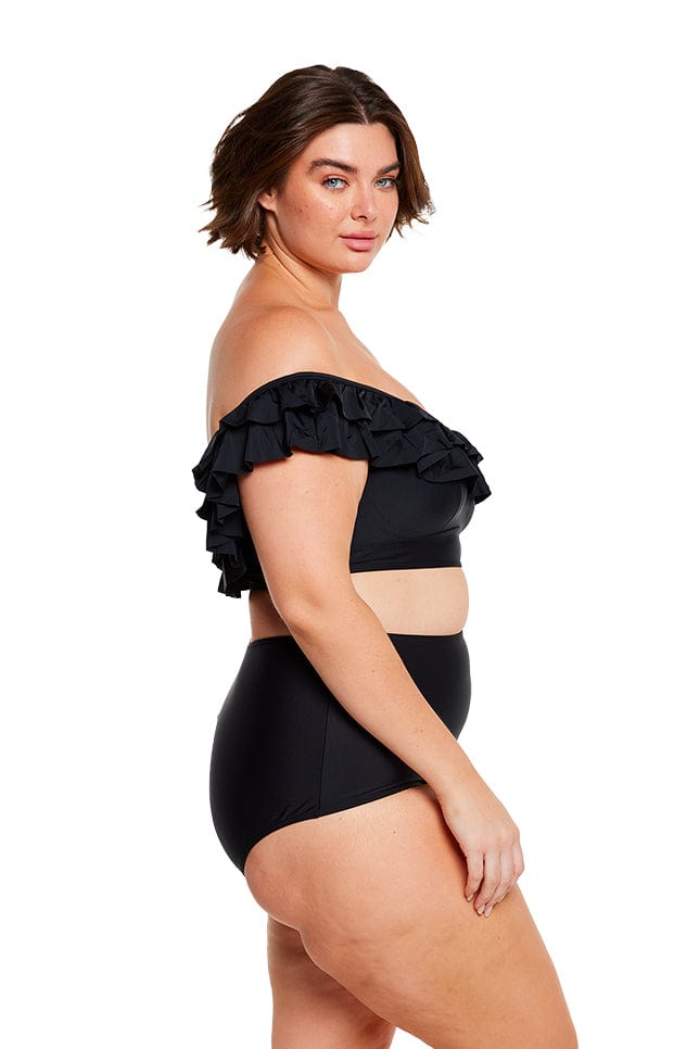 brunette plus size women wearing black high waisted bikini bottom with power mesh tummy control