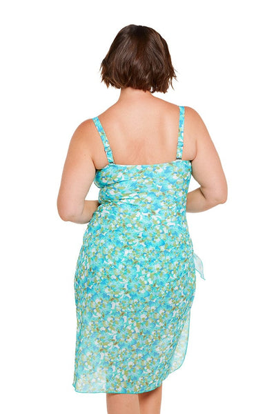 brunette plus size women wears blue calypso mesh long wrap beach skirt
