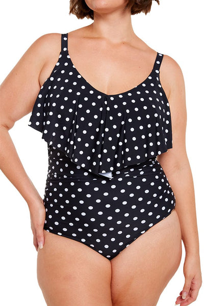 Close up details of black and white dots one piece with long frill detail australia