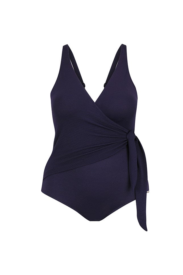 Ghost mannequin navy honey comb texture waist tie one piece