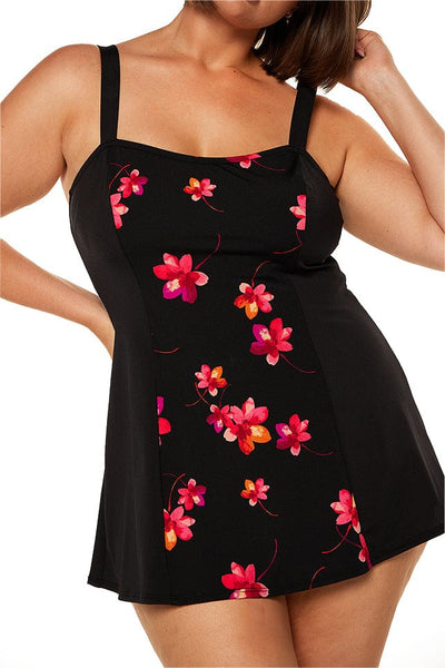 black and pink floral chlorine resistant panelled swim dress with no swim pant