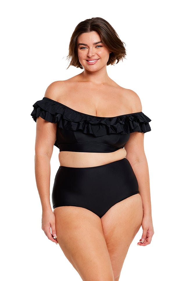 Brunette plus size model wears plain black double frill bikini top