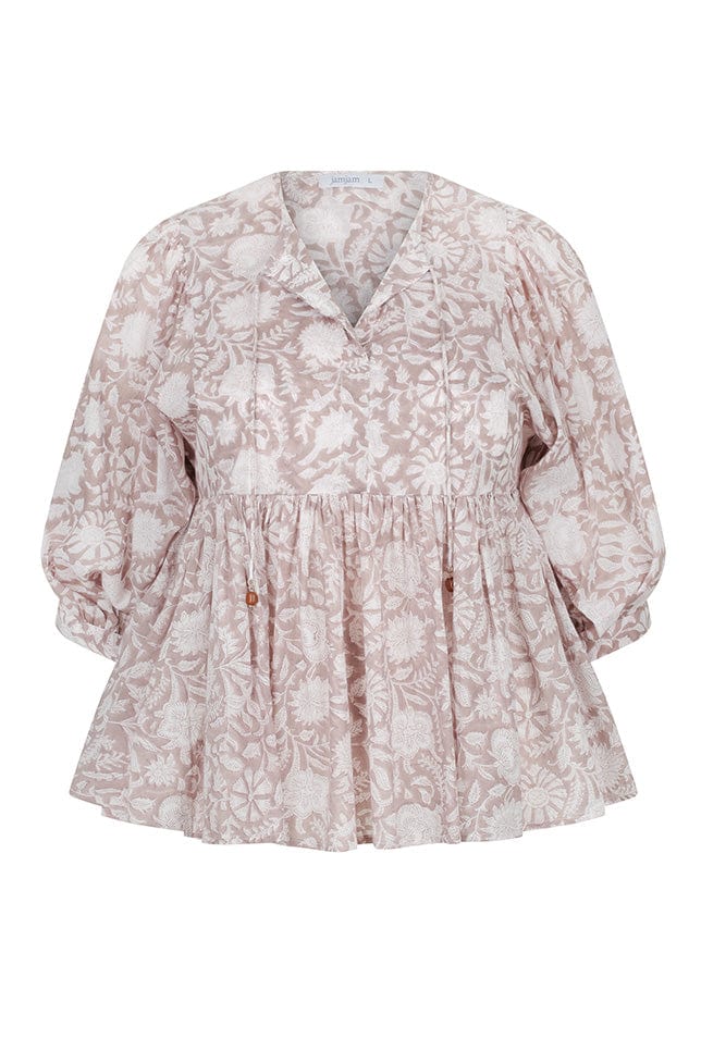 ghost mannequin taupe and white block printed cotton top with puffy sleeves