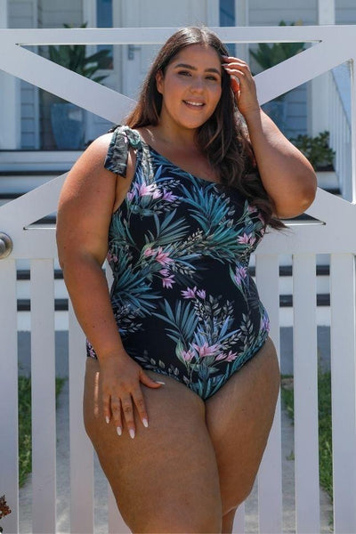 black floral plus size one shoulder swimsuit