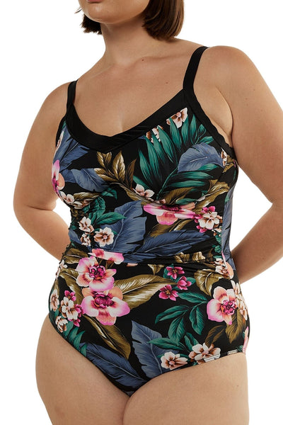 Close up detail of plus size one piece with built in underwire bra