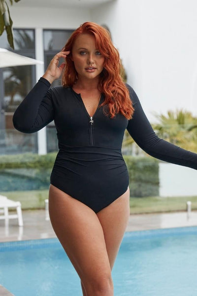 Chlorine Resistant Black Zip Front Long Sleeve One Piece