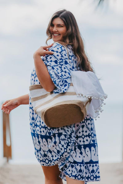 Beach Bag - White & Natural Stripe