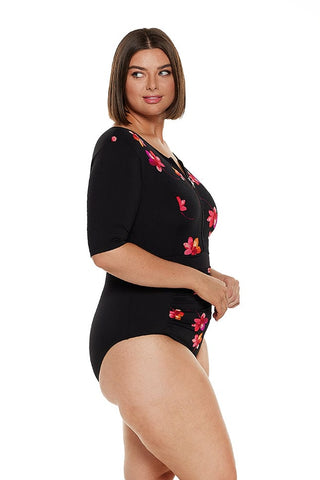 Pink Petals Chlorine Resistant 3/4 Sleeve One Piece