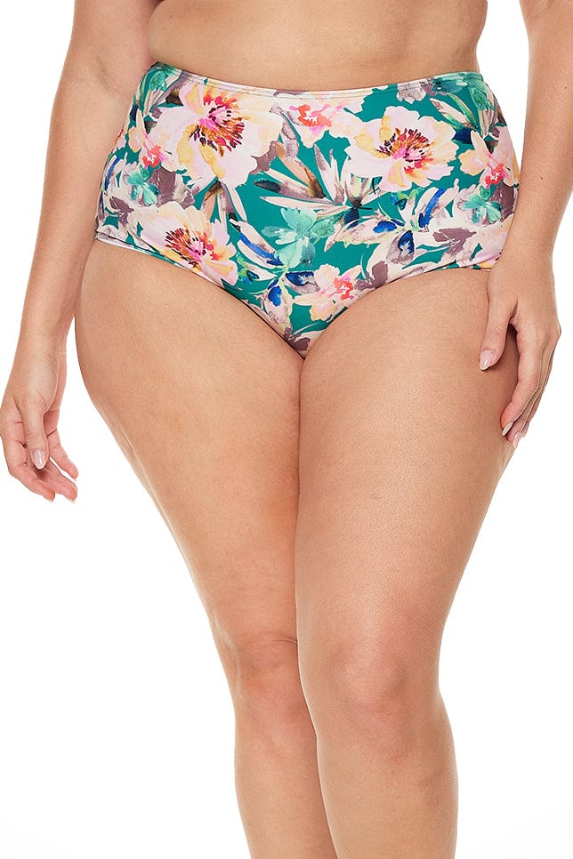 Model wears High Waisted Green Floral High Waisted Bikini Bottoms with Tummy Control