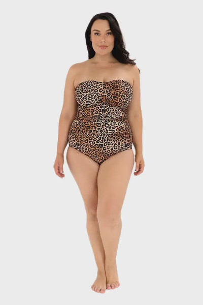 Video of model wearing animal print strapless one piece