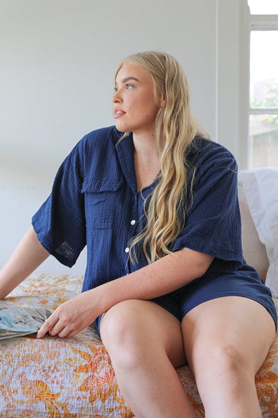 navy cotton short pj set