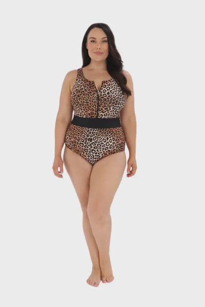 animal print zip front bathers