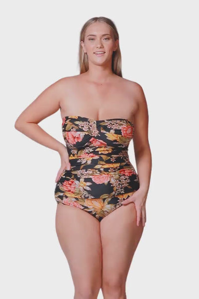 blonde plus size women wearing yellow floral bandeau one piece with removable straps