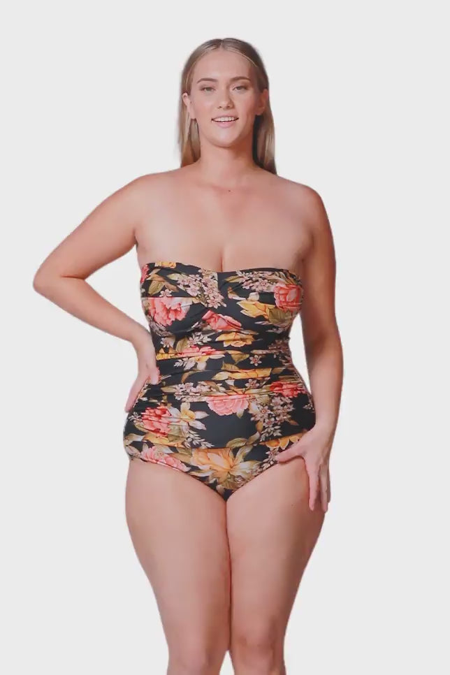 blonde plus size women wearing yellow floral bandeau one piece with removable straps