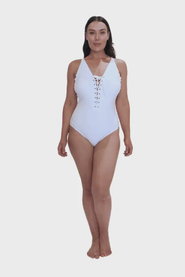 white lace up one piece