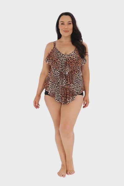 Video of model wearing animal print tankini