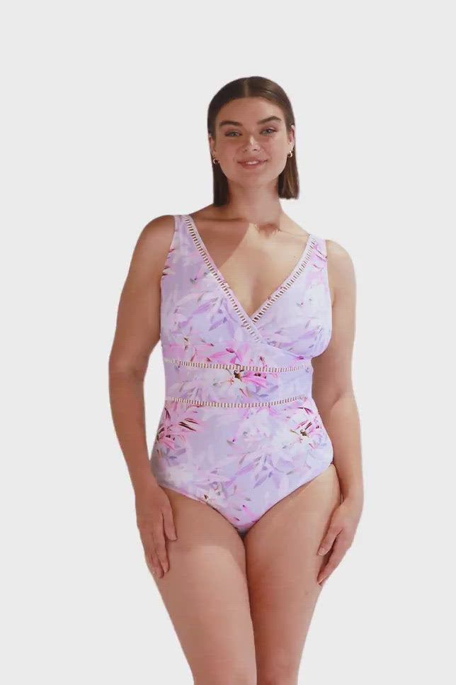 Video of model purple and pink toned v neck plunge one piece Austrlalia