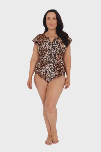Video of model wearing animal print frill sleeve one piece