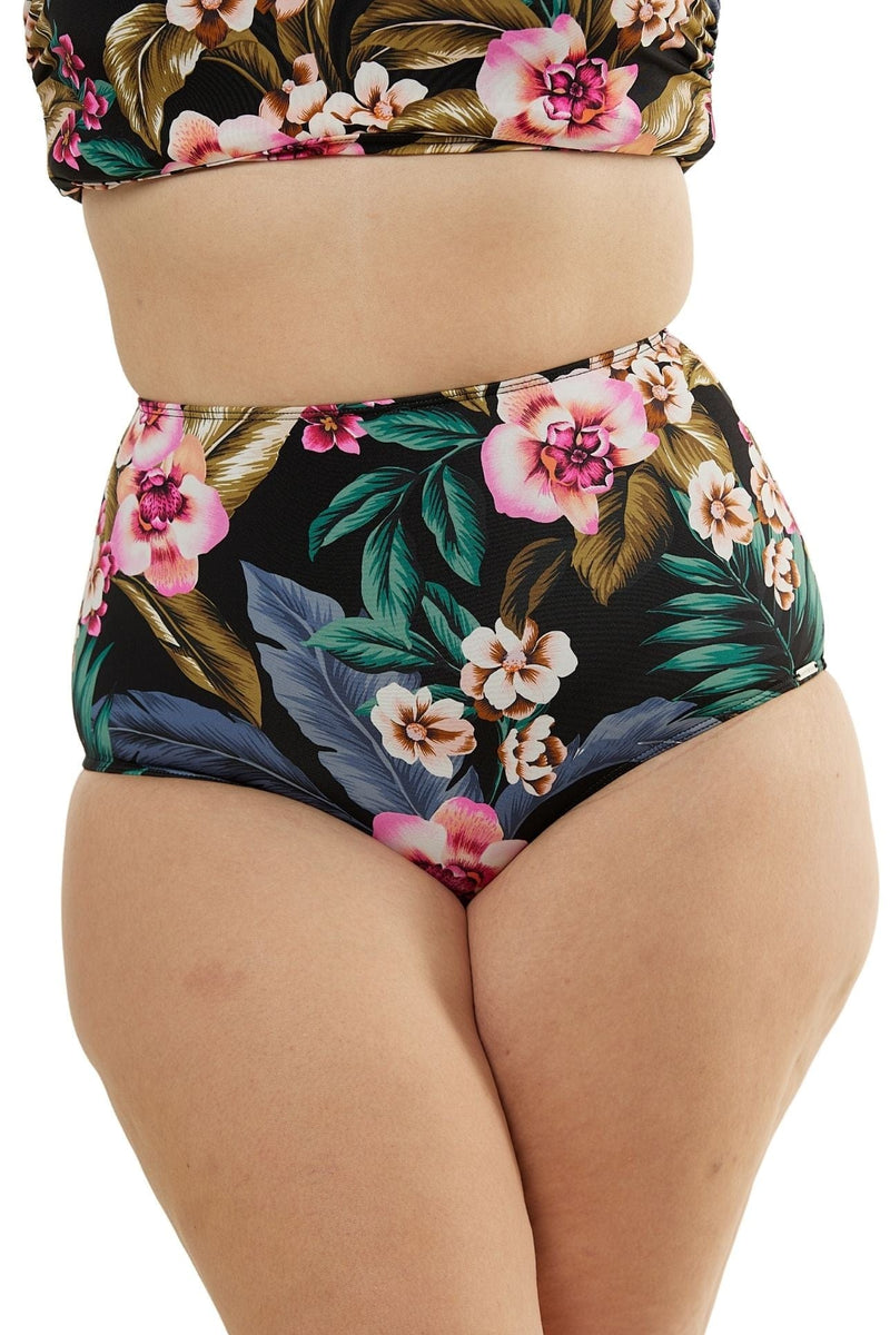 Model wearing black floral tummy control high waist bikini