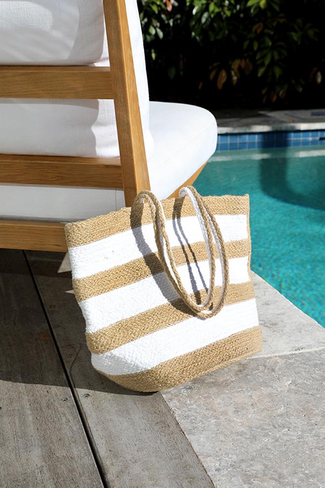 natural and white striped beach bag