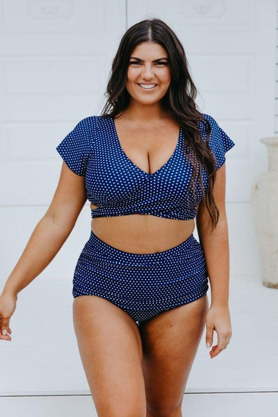 navy and white dots crop wrap top