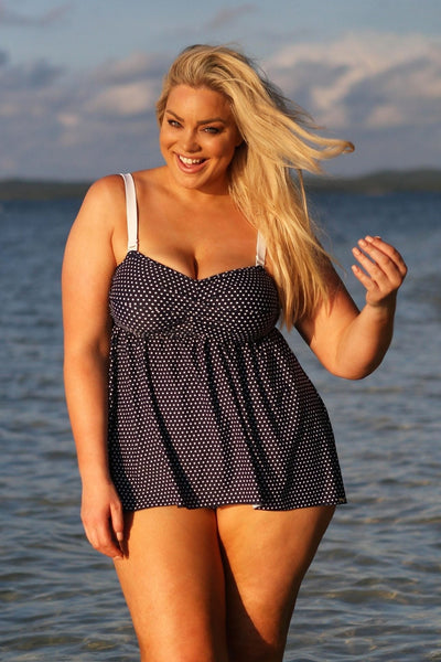 navy and white dots plus size tankini top
