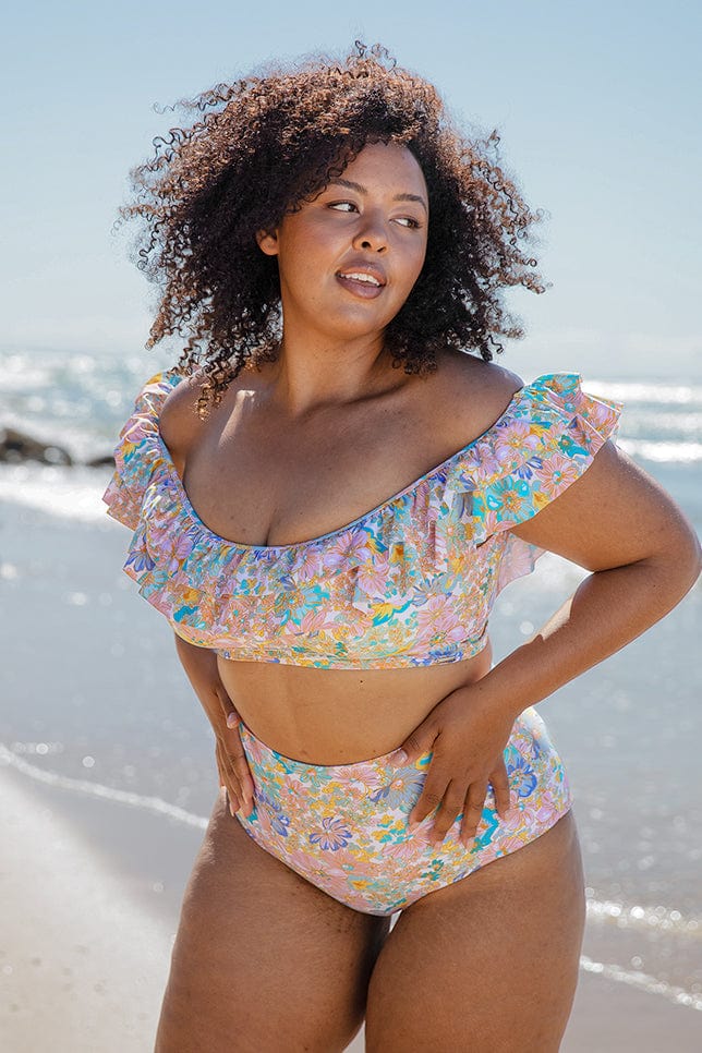 retro floral ruffle bikini top