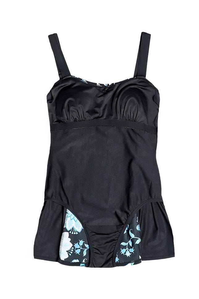 inside out swimsuit flat lay showing a swim dress with a built in pant and shelf bra with bust support for B-E cups